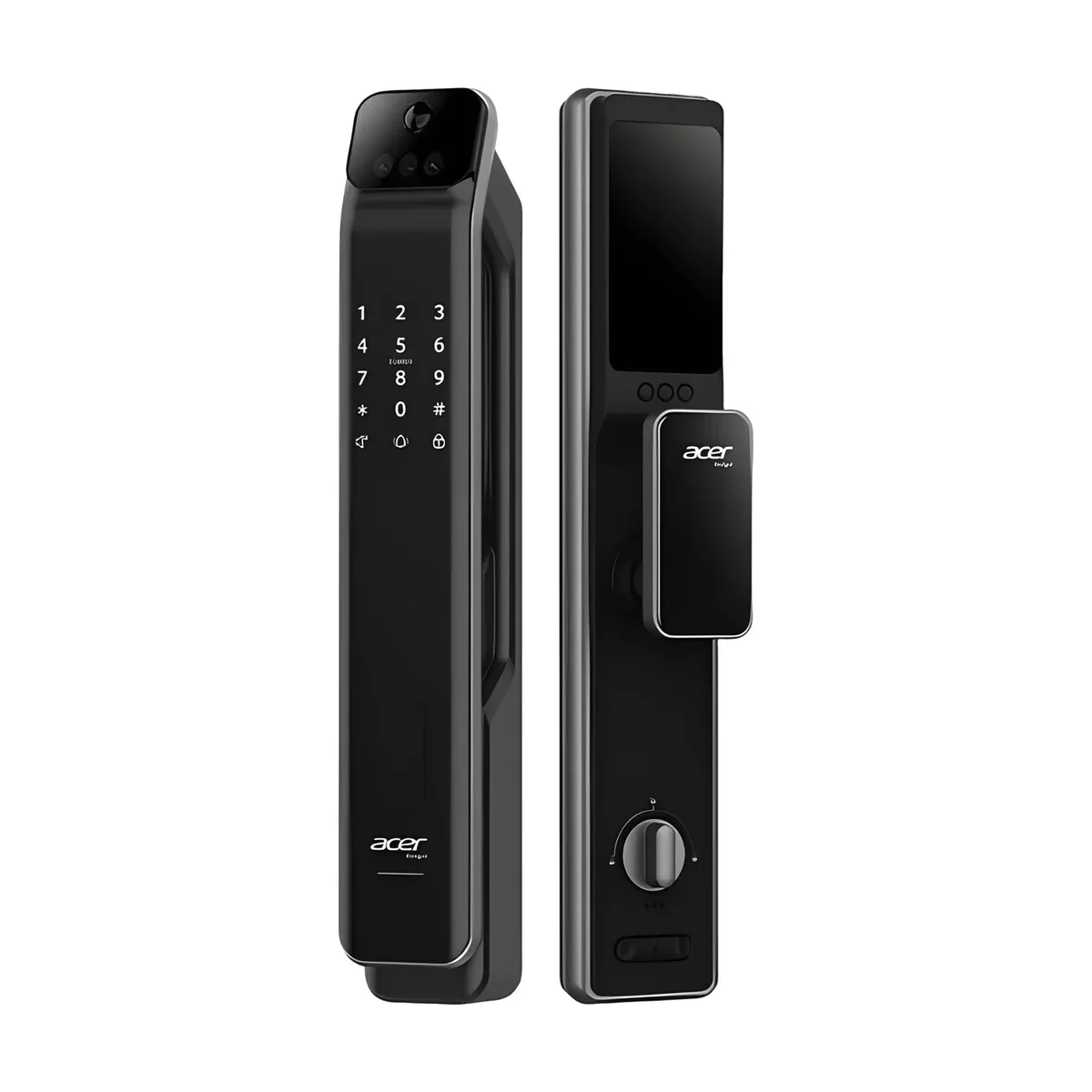 Acer ODL104 Pro 電子鎖正面與背面並排，黑色機身，正面上方電子貓眼鏡頭與數字鍵盤，背面推拉式把手與旋鈕