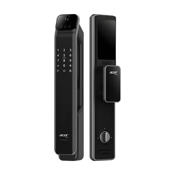 Acer ODL104 Pro 電子鎖正面與背面並排，黑色機身，正面上方電子貓眼鏡頭與數字鍵盤，背面推拉式把手與旋鈕