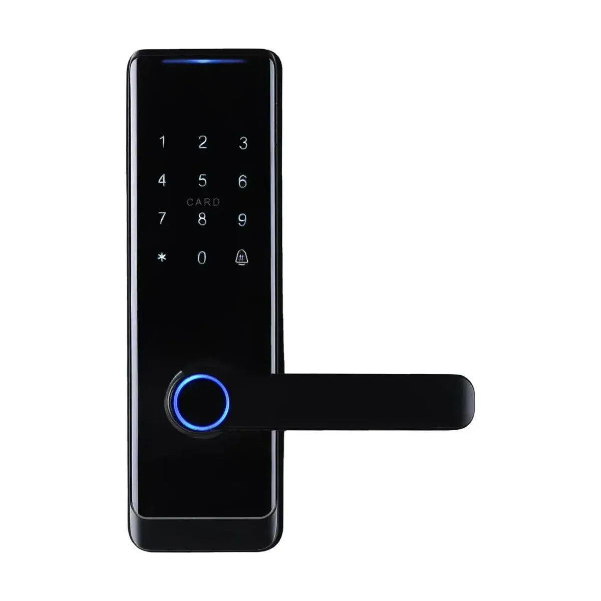 TSL R1 把手型輔助鎖正面，黑色鏡面機身，觸控數字鍵盤與卡片感應區，下方圓形指紋感應區與水平把手