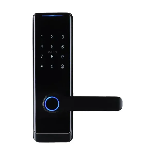 TSL R1 把手型輔助鎖正面，黑色鏡面機身，觸控數字鍵盤與卡片感應區，下方圓形指紋感應區與水平把手