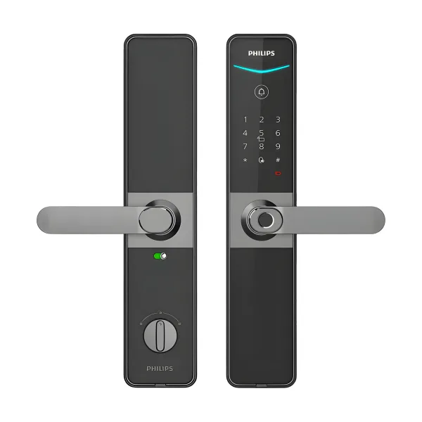 飛利浦 DDL610 電子鎖正面與背面並排，黑色機身搭銀色水平把手，正面數字鍵盤與指紋感應區，背面旋鈕與指示燈