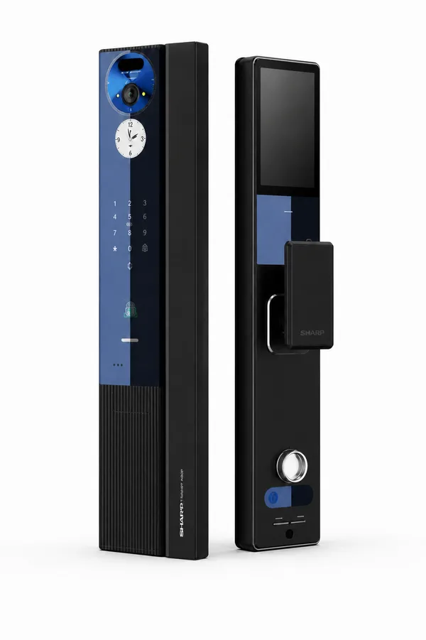 夏普 H5-FV 電子鎖正面與背面並排，藍黑配色機身，正面電子貓眼鏡頭、時鐘顯示與數字鍵盤，背面室內螢幕與旋鈕