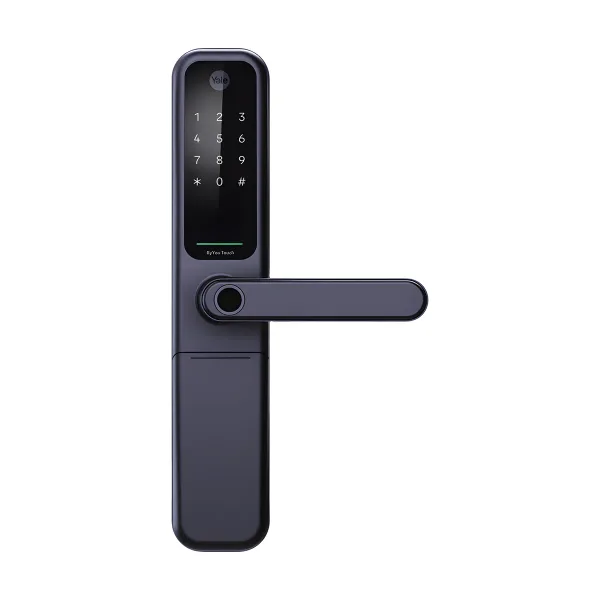 YALE ByYou Pro 電子鎖正面，霧面黑色薄型機身，上方觸控數字鍵盤，水平把手根部設有指紋感應區