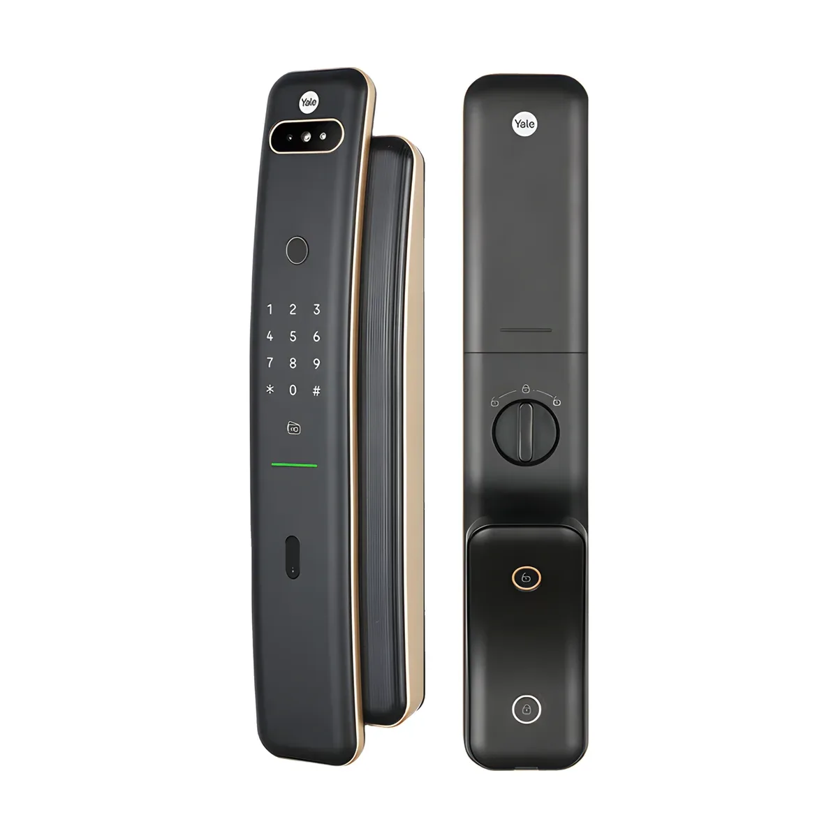 YALE Luna Pro+ 電子鎖正面與背面，黑金機身，正面電子貓眼、指紋感應區與數字鍵盤，背面旋鈕與按鍵