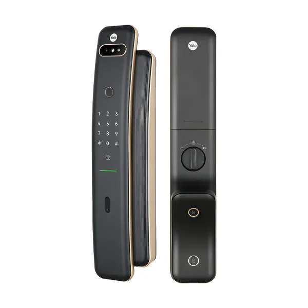 YALE Luna Pro+ 電子鎖正面與背面，黑金機身，正面電子貓眼、指紋感應區與數字鍵盤，背面旋鈕與按鍵