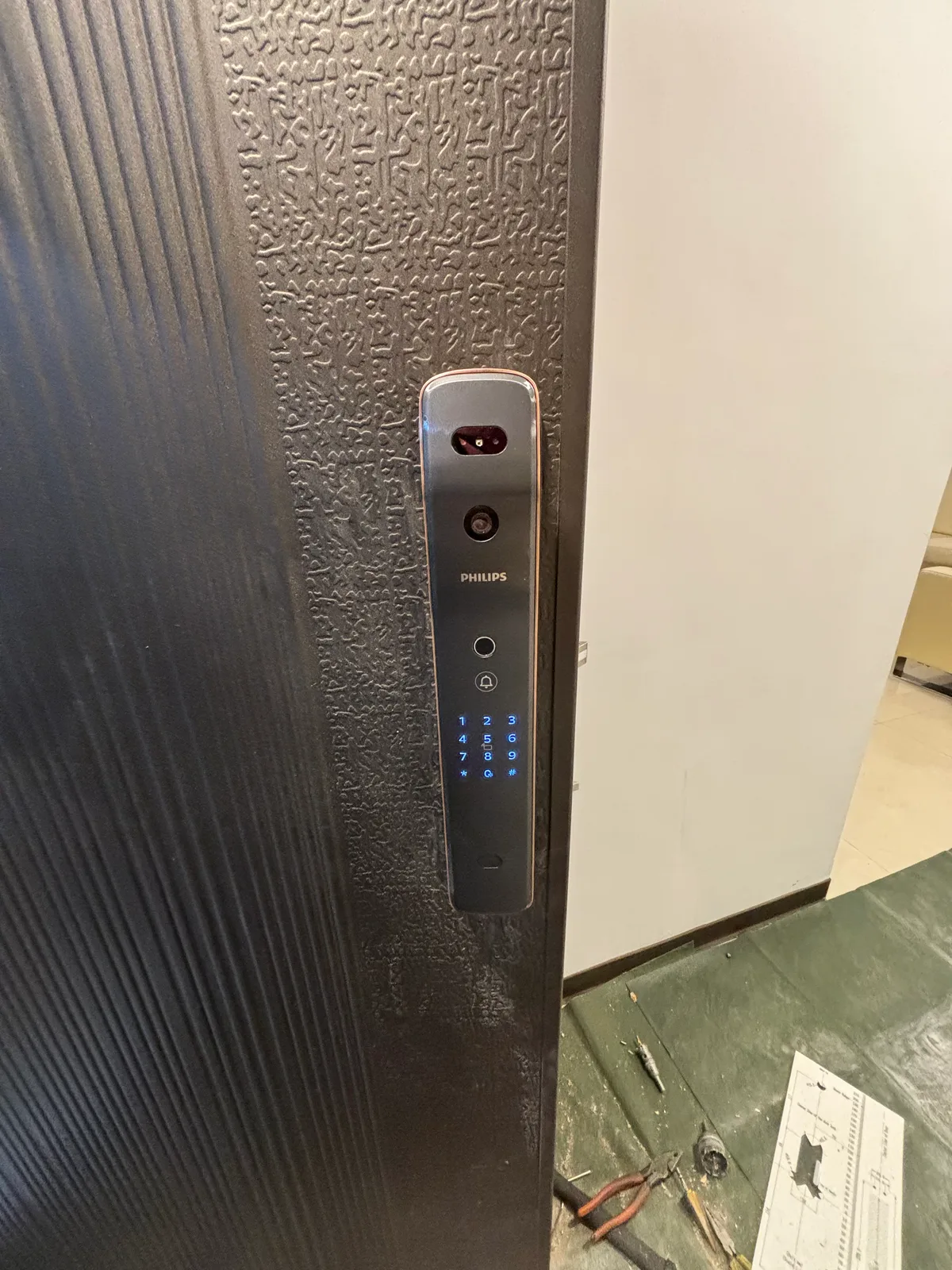 深色浮雕紋大門裝上飛利浦 DDL709FVP,灰色機身,上方人臉辨識與貓眼鏡頭,中間 PHILIPS 字樣與指紋鍵,下方藍色觸控數字鍵盤