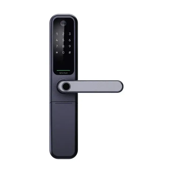 耶魯 ByYou Pro 電子鎖正面，深灰霧面窄版機身，觸控數字鍵盤，銀色水平把手根部有指紋感應區