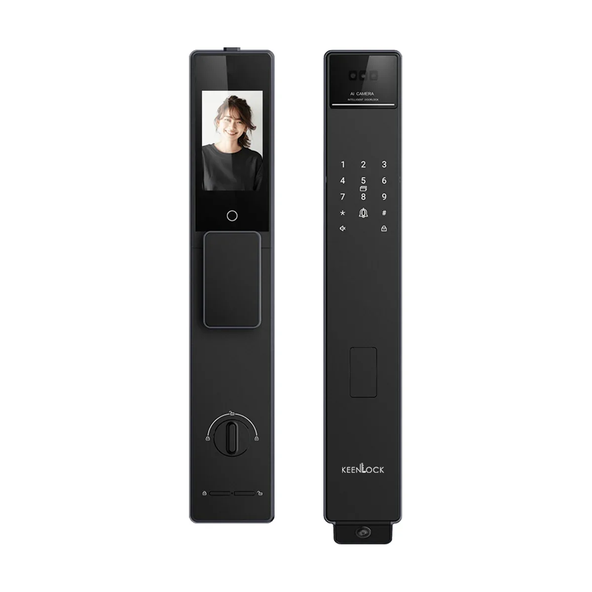 KeenLock KL-AP900 電子鎖室內面板與正面並排，黑色機身，正面電子貓眼鏡頭與數字鍵盤、卡片感應區