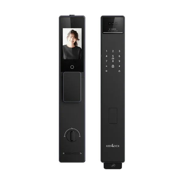 KeenLock KL-AP900 電子鎖室內面板與正面並排，黑色機身，正面電子貓眼鏡頭與數字鍵盤、卡片感應區