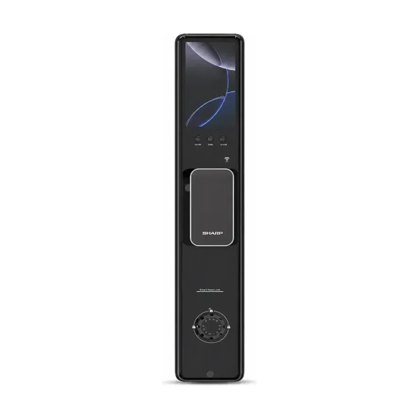 夏普 S7-FV 電子鎖室內側正視，黑色直立機身，上方室內螢幕與三顆功能鍵，中段推拉式把手，下方旋鈕