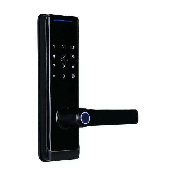TSL R1 把手型輔助鎖右斜視角，黑色亮面機身，觸控數字鍵盤與卡片感應區，水平把手根部的圓形指紋感應區
