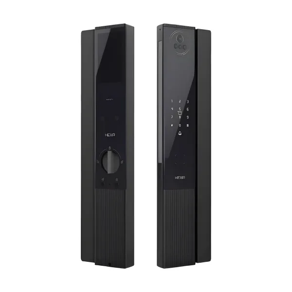 HEXA P200-PRO 電子鎖正面與背面並排，黑色霧面直立機身，正面數字鍵盤、人臉辨識鏡頭與卡片感應區