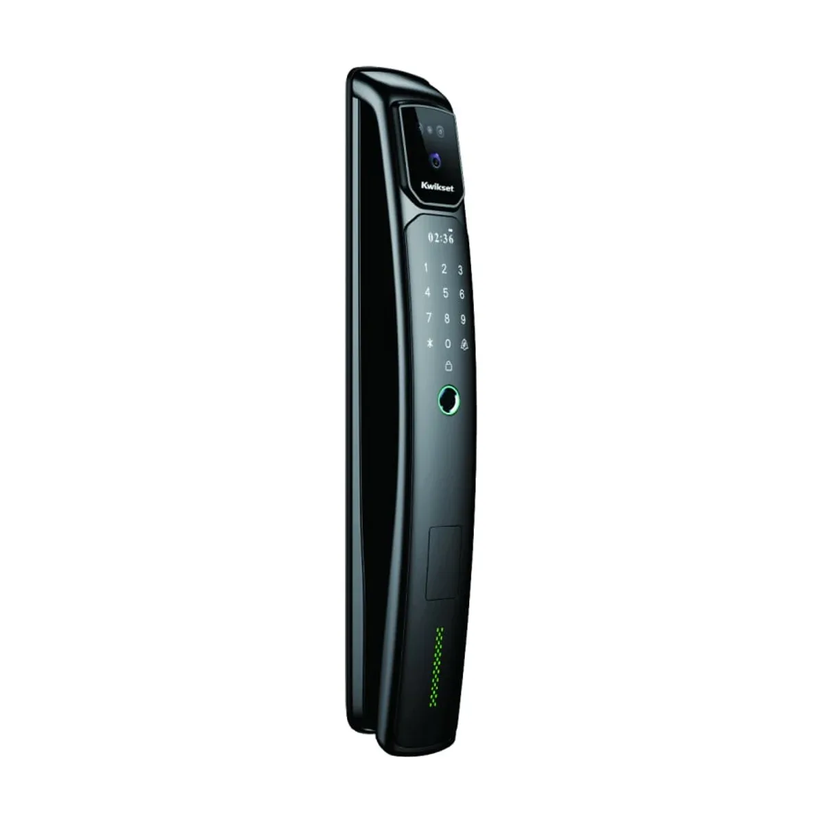 Kwikset PF2 電子鎖正面斜側視角，黑色亮面直立機身，上方電子貓眼鏡頭、數字觸控鍵盤與指紋感應區