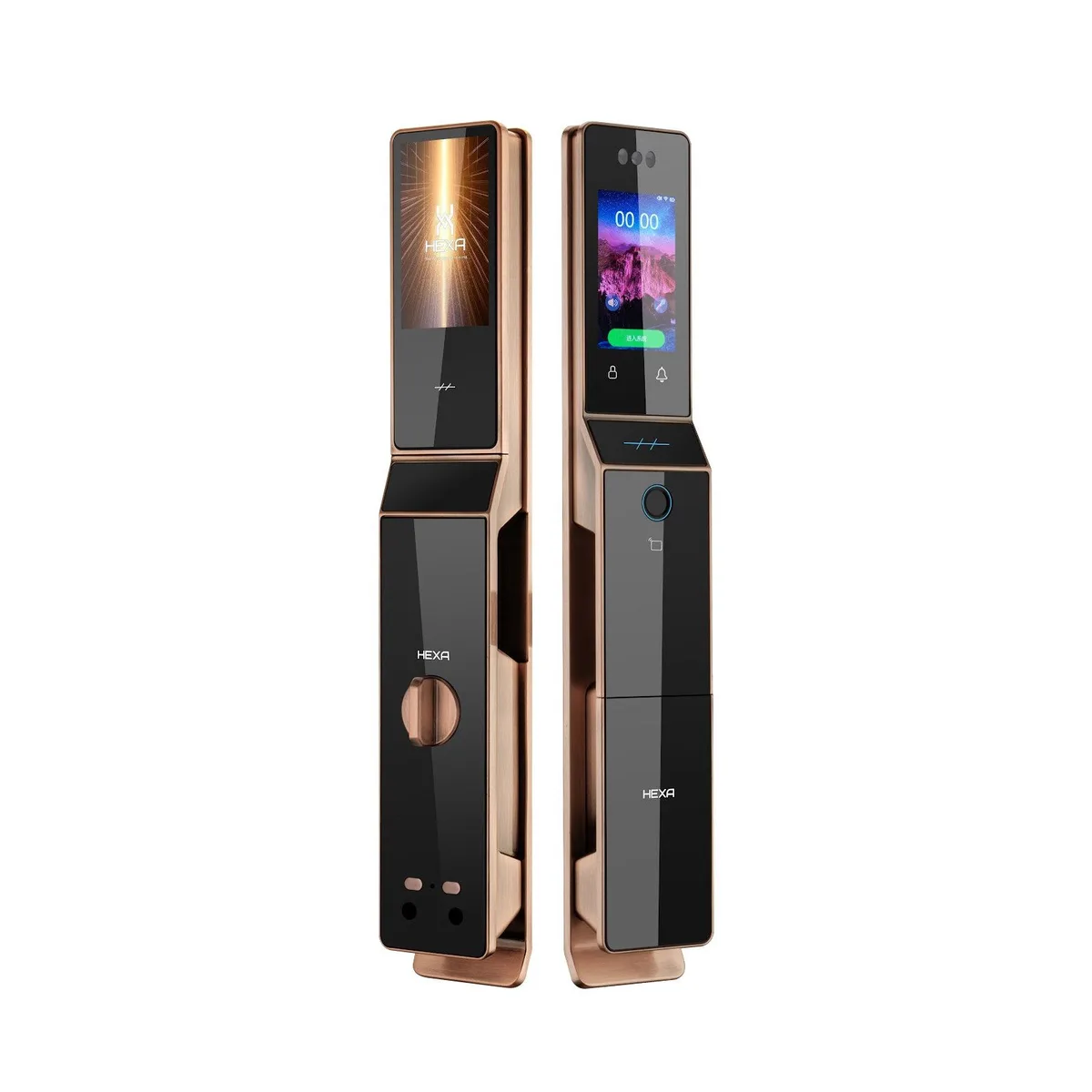 HEXA P100 Pro Max 雙屏電子鎖，紅古銅配色，門外與室內各有一個螢幕