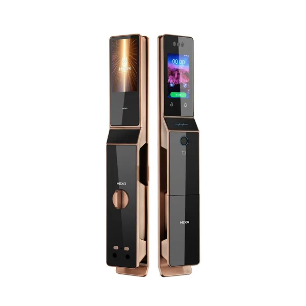 HEXA P100 Pro Max 雙屏電子鎖，紅古銅配色，門外與室內各有一個螢幕