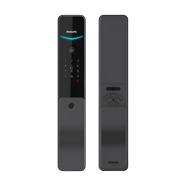 飛利浦 DDL801 電子鎖正面與背面並排，黑色鏡面機身，正面觸控數字鍵盤與門鈴鍵、指紋感應區，背面旋鈕與推拉式面板