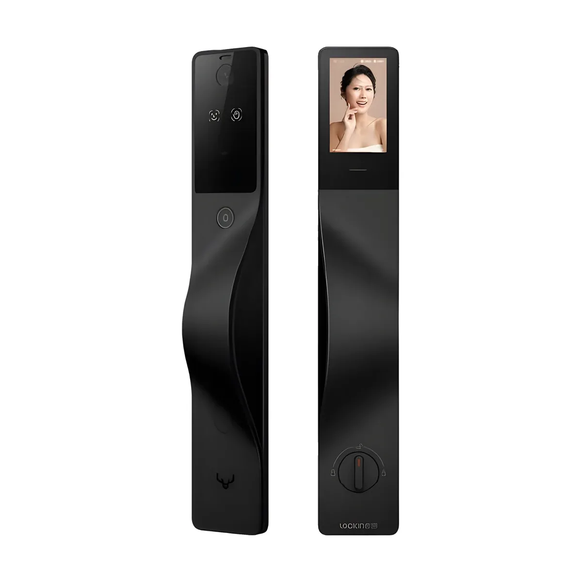 鹿客 V5 Max 黑武士電子鎖正面與背面，黑色霧面機身，正面電子貓眼與人臉、指紋感應區及推拉式把手，背面室內螢幕與旋鈕