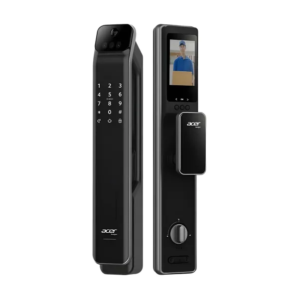Acer ODL103 ProMax 電子鎖正面與背面，黑色機身，正面數字鍵盤與電子貓眼鏡頭，背面室內螢幕與旋鈕