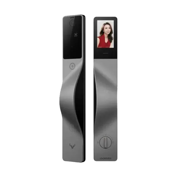 鹿客 V5 Max 星際銀電子鎖正面與背面，銀黑機身搭推拉式把手，正面電子貓眼與人臉辨識，背面室內螢幕與旋鈕