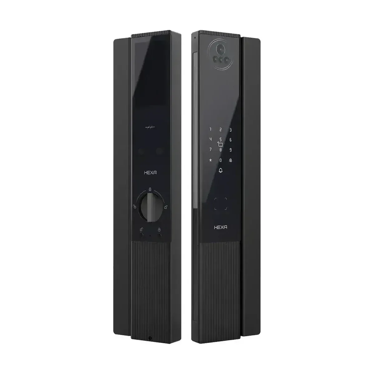 HEXA P200-PRO 電子鎖正面與背面並排，黑色霧面直立機身，正面人臉辨識螢幕、數字鍵盤與卡片感應區，背面旋鈕