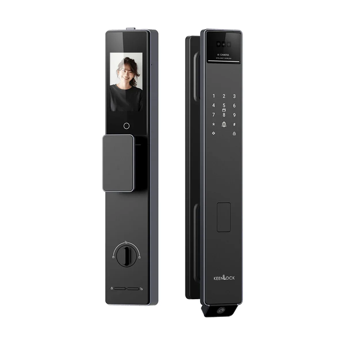 KeenLock KL-AP900 電子鎖正面與背面，黑色機身，室內側螢幕與鑰匙孔，室外側數字鍵盤