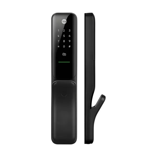 YALE Kyra Pro 電子鎖正面與側面，黑色機身，觸控數字鍵盤與卡片感應區，側面可見推拉式把手